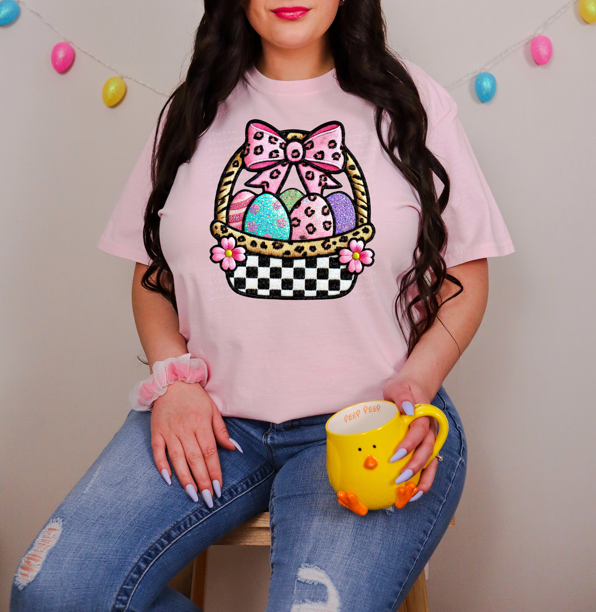 Checkered Easter Basket Of Egg With Bow Faux Embroidery DTF Transfer