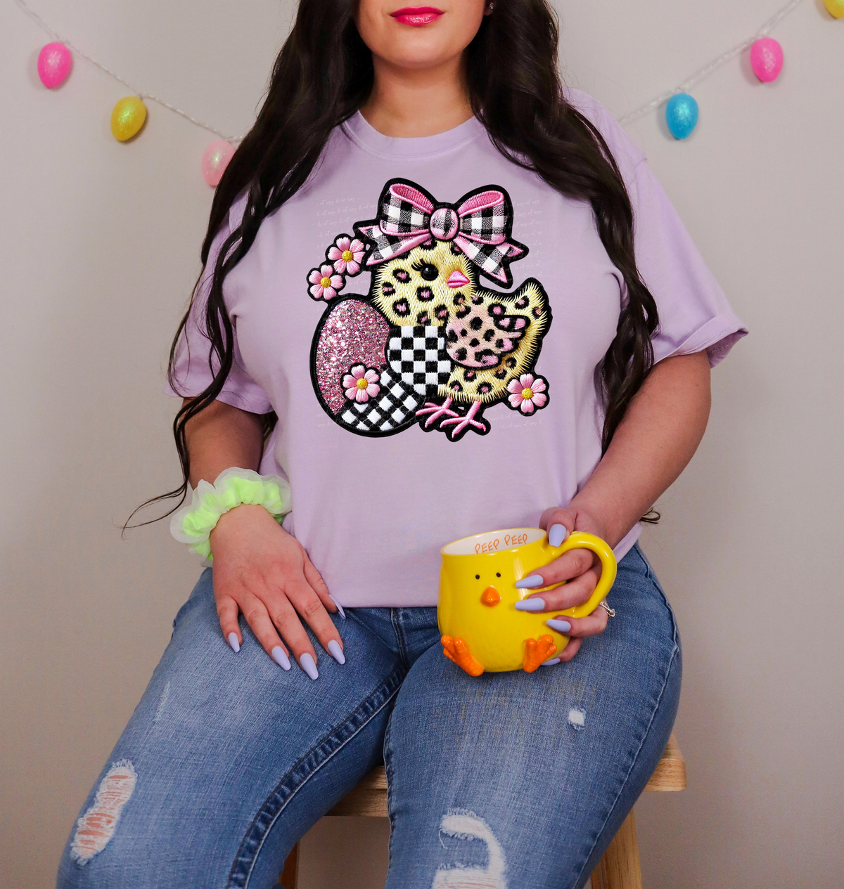 Checkered Easter Chick And Egg With Bow Faux Embroidery 81979 DTF Transfer