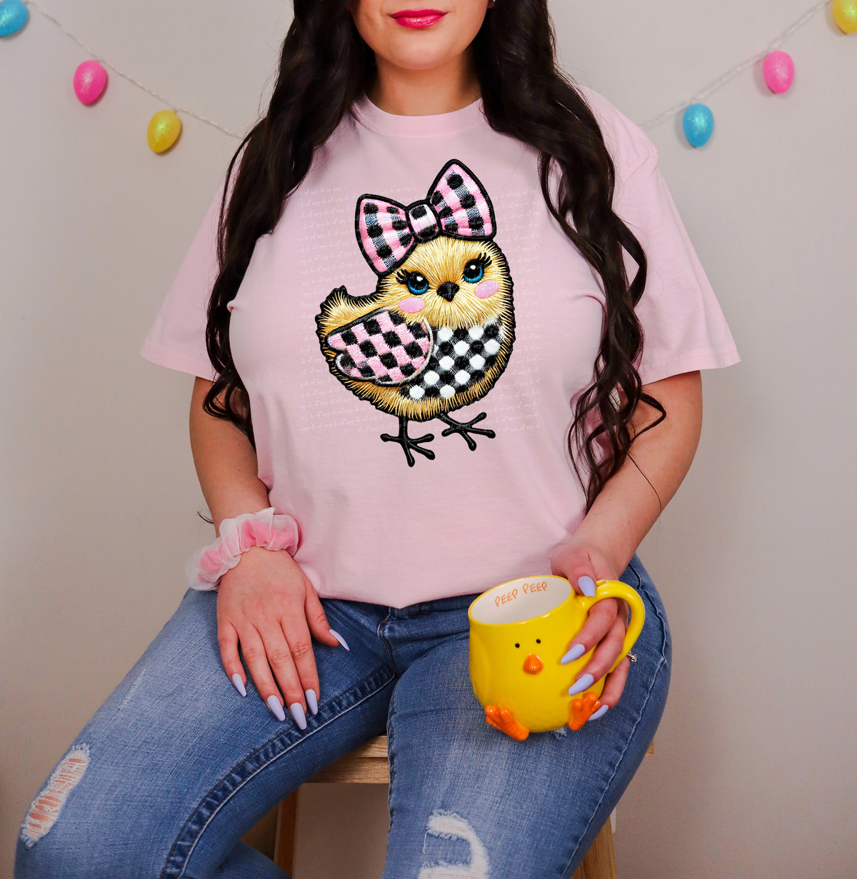 Checkered Easter Chick With Bow Faux Embroidery 81980 DTF Transfer