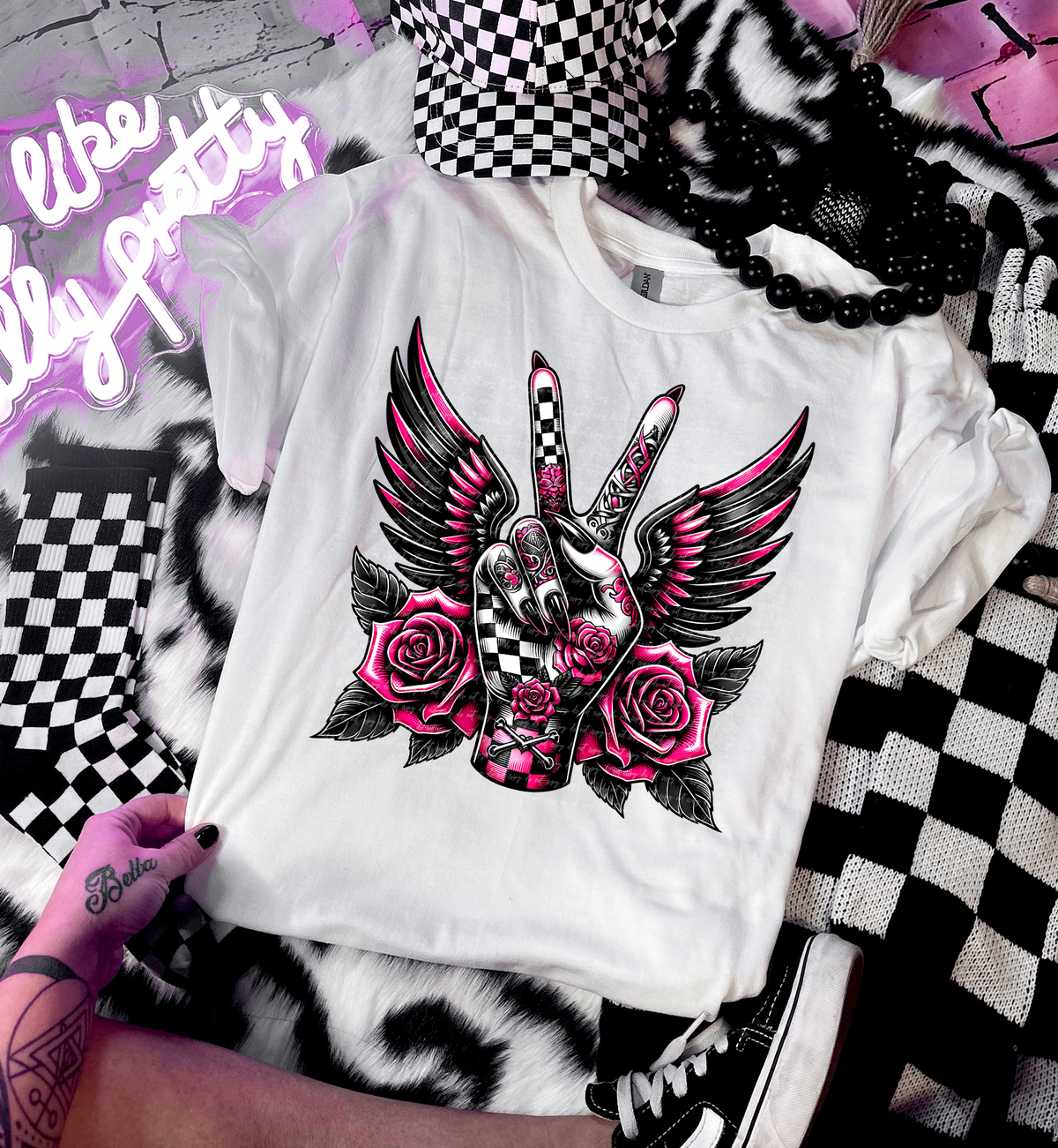 Checkered Peace Hand With Wings And Roses 81984 DTF Transfer