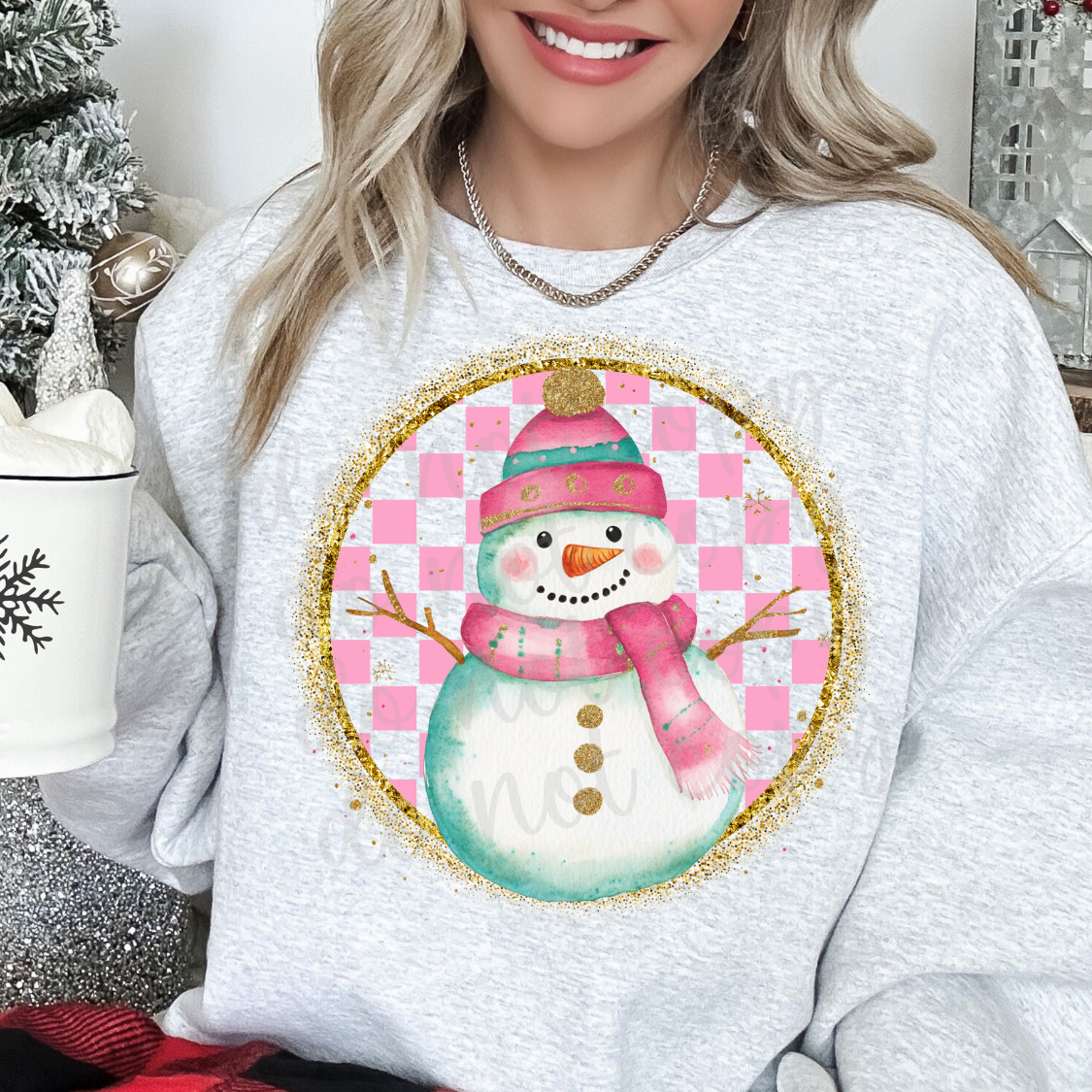 Checkered Pink snowman (Parker)  DTF Transfer