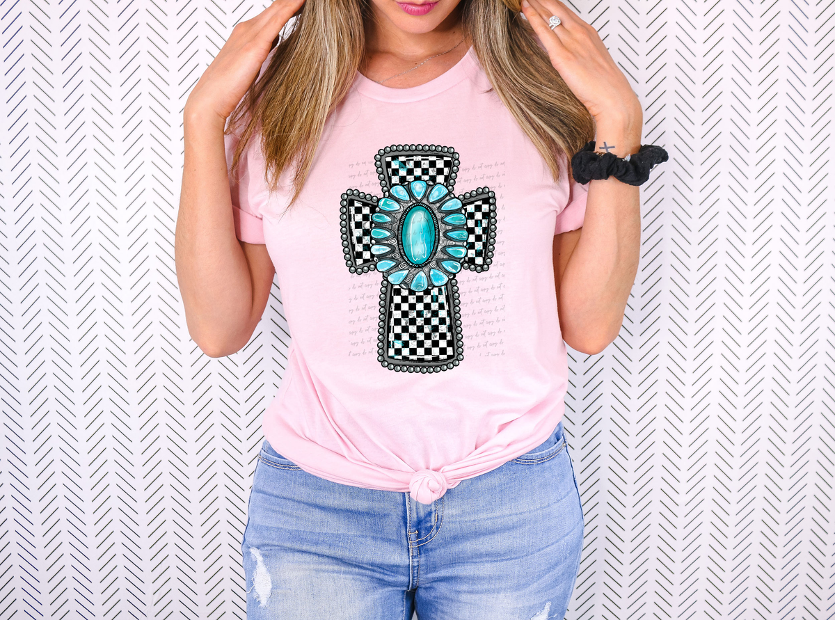 Checkered Turquoise Cross 74435 DTF Transfer