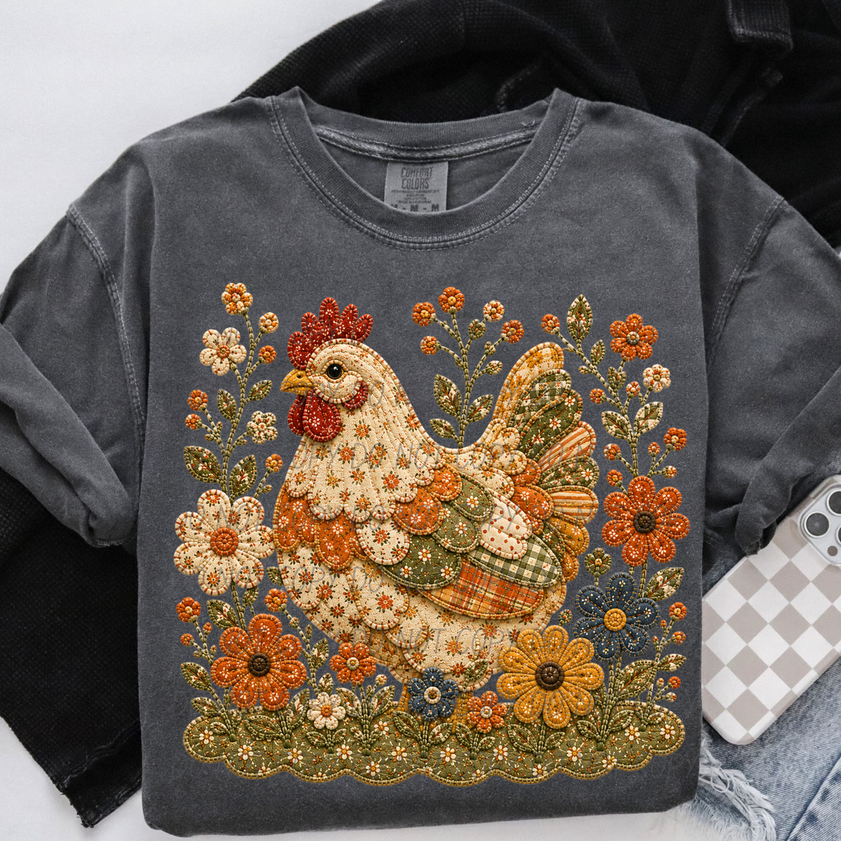 chicken and flowers 7 faux embroidery (City) DTF Transfer