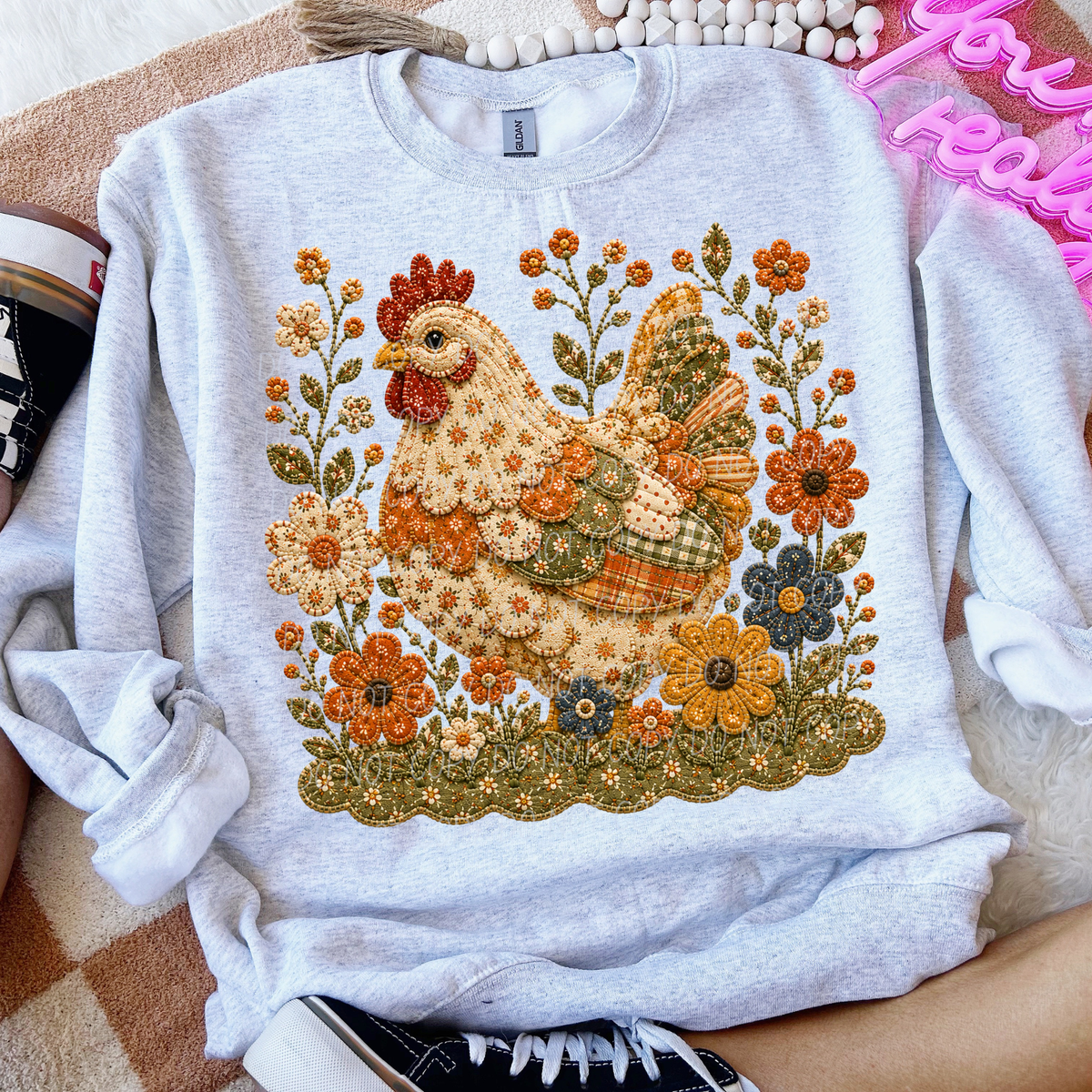 chicken and flowers faux embroidery (City) DTF Transfer
