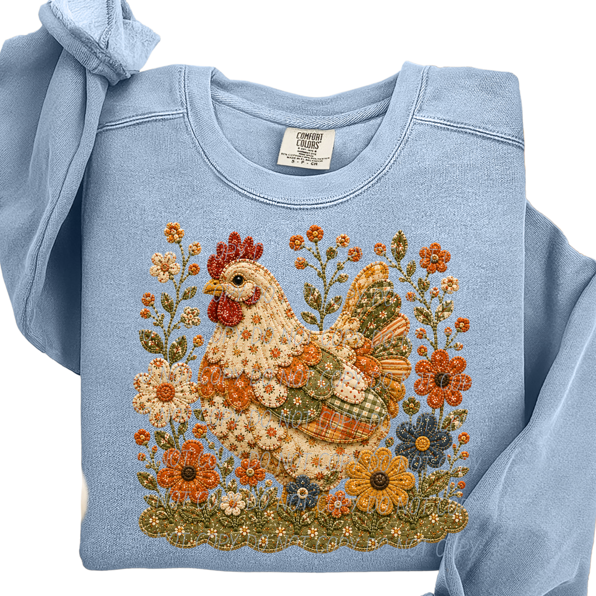 chicken and flowers 6 faux embroidery (City) DTF Transfer