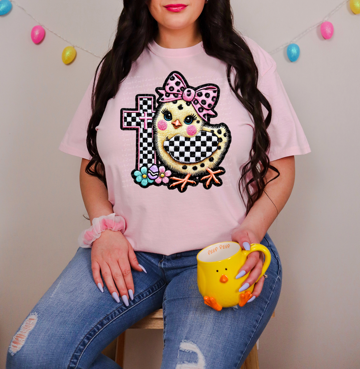 Chick With Cross Checkered Faux Embroidery 81982 DTF Transfer