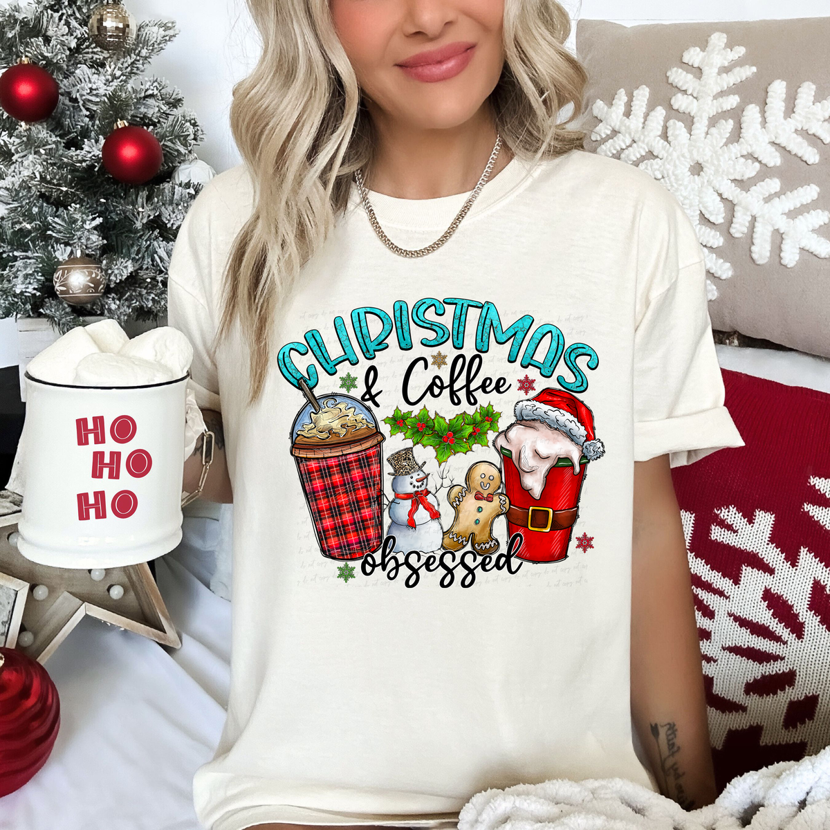 Christmas and Coffee Obsessed Coffee Cups with Snowman and Gingerbread 116219 DTF Transfer