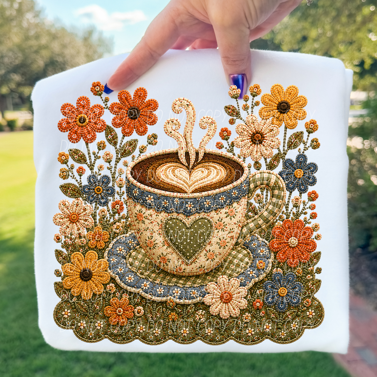 coffee and flowers faux embroidery (City) DTF Transfer