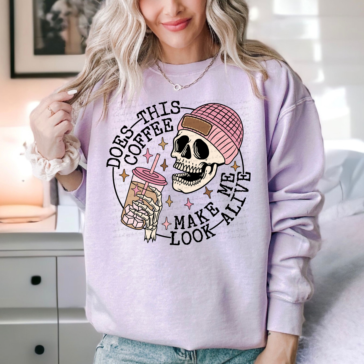 Does This Coffee Make Me Look Alive Pink Black Font 81702 DTF Transfer