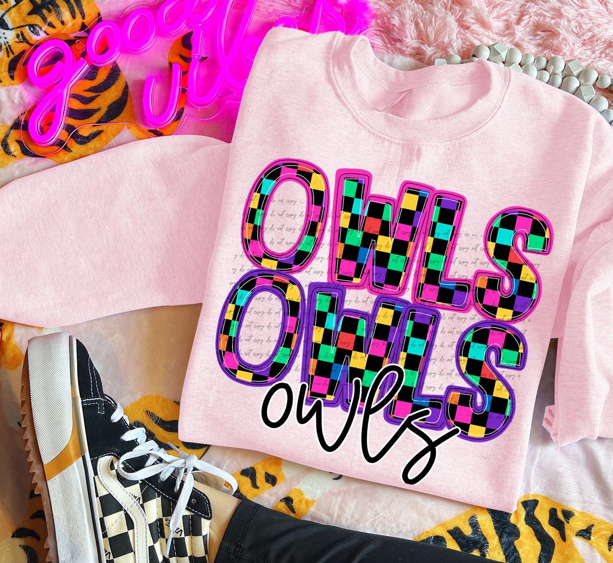 Owls Colorful Checkered 76013 DTF Transfer