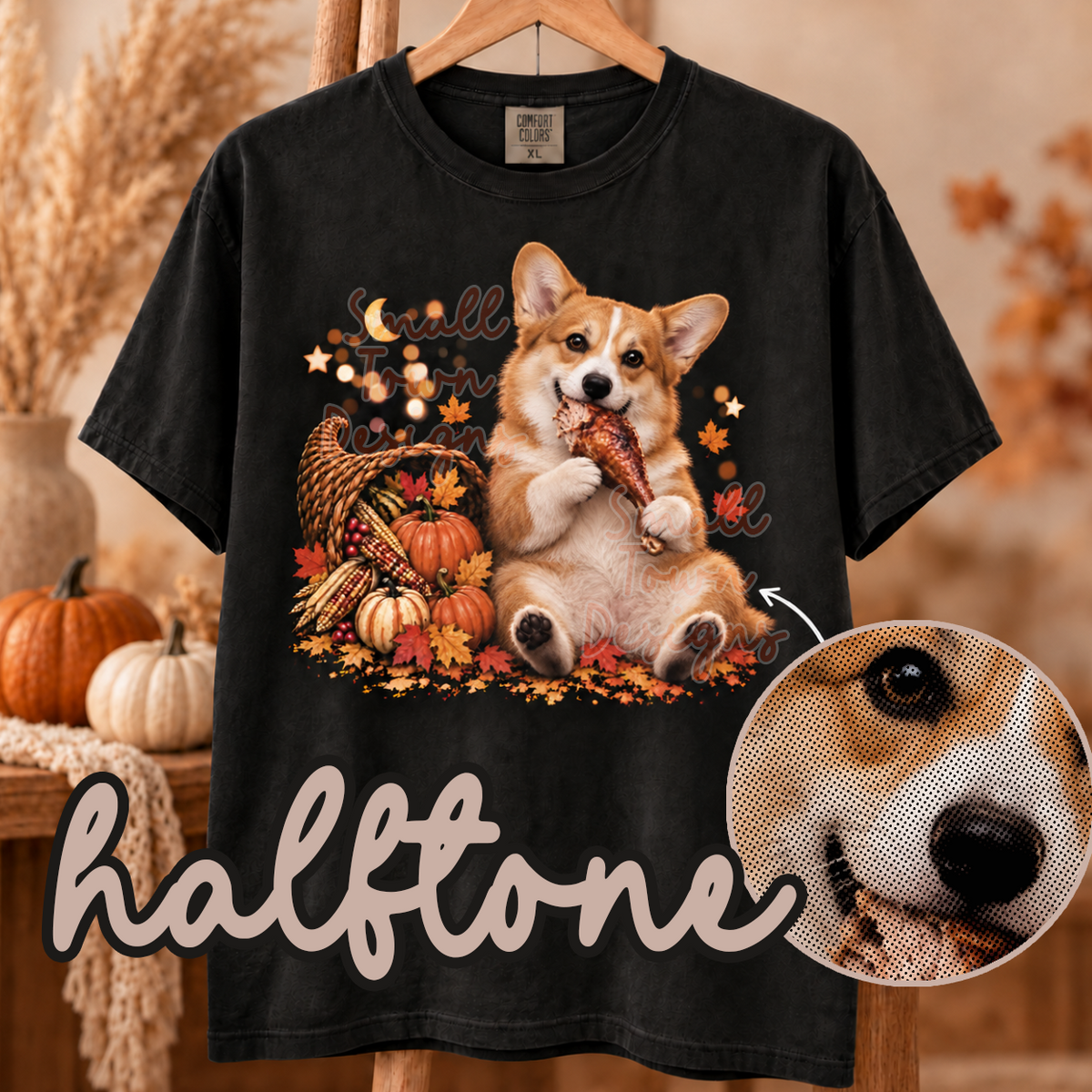 Halftone corgi eating turkey leg (STD) DTF transfer