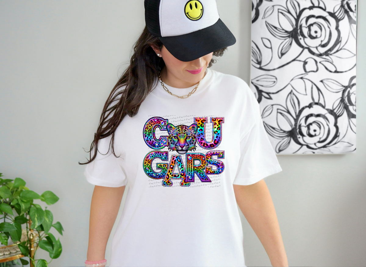 Cougars Mascot Rhinestone Leopard Rainbow 42919 DTF transfer