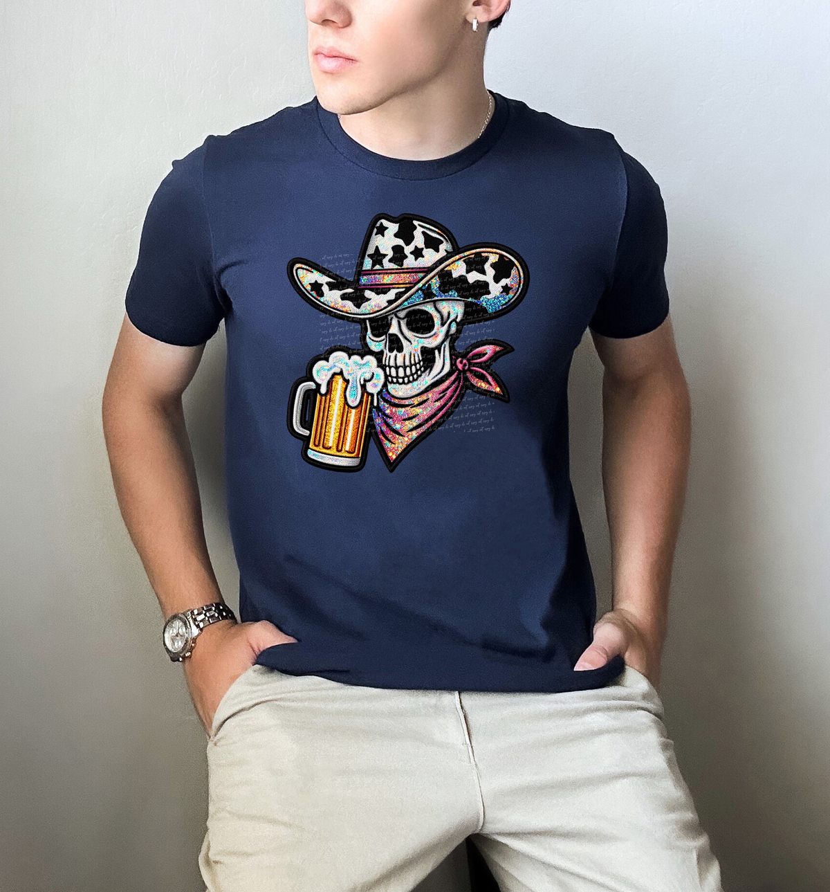 Faux Embroidery Cowboy Skellie With Beer 51730 DTF transfer