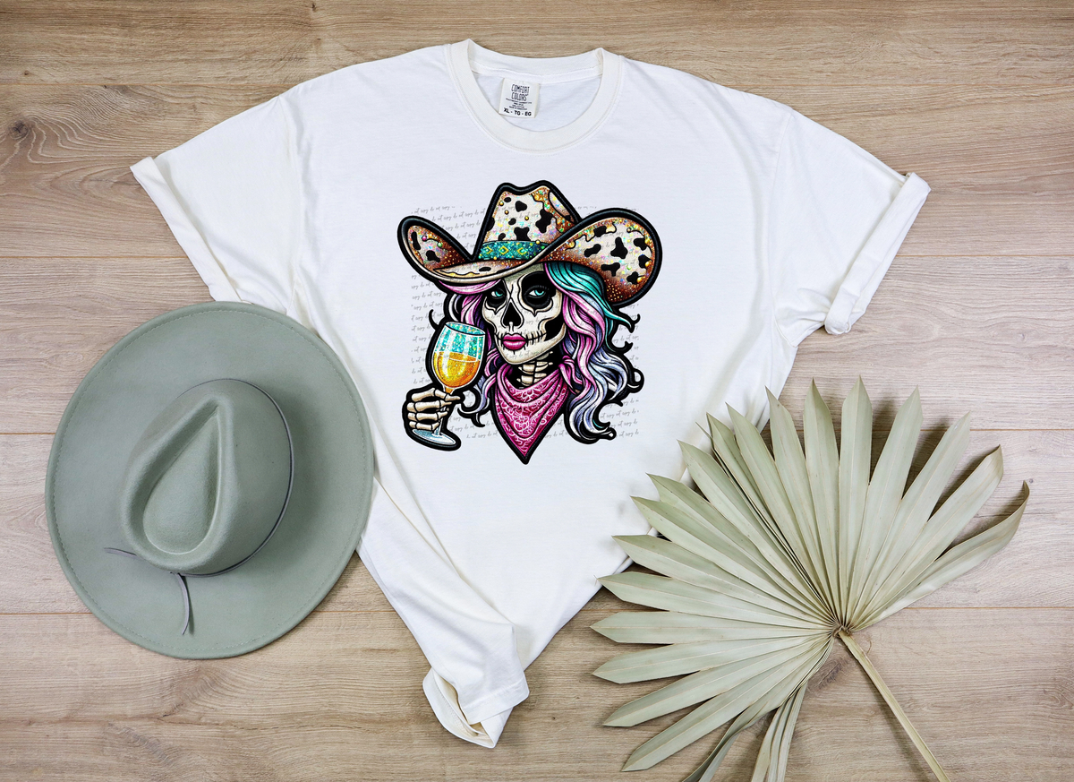 Faux Embroidery Cowgirl Skellie With Wine 51731 DTF transfer