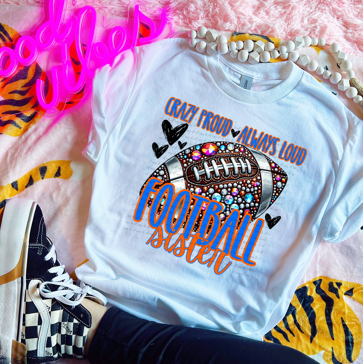 Crazy Proud Always Loud Football Sister Rhinestone Blue 57497 DTF transfer