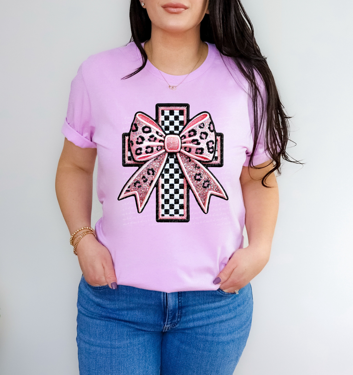 Cross With Bow Checkered Faux Embroidery 81984 DTF Transfer