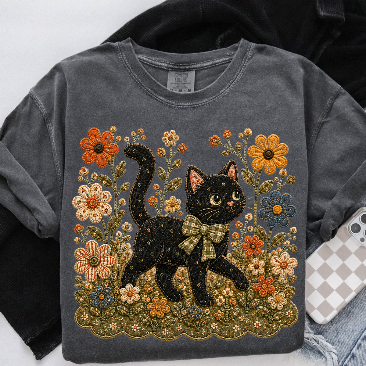 curious cat and flowers faux embroidery (City) DTF Transfer
