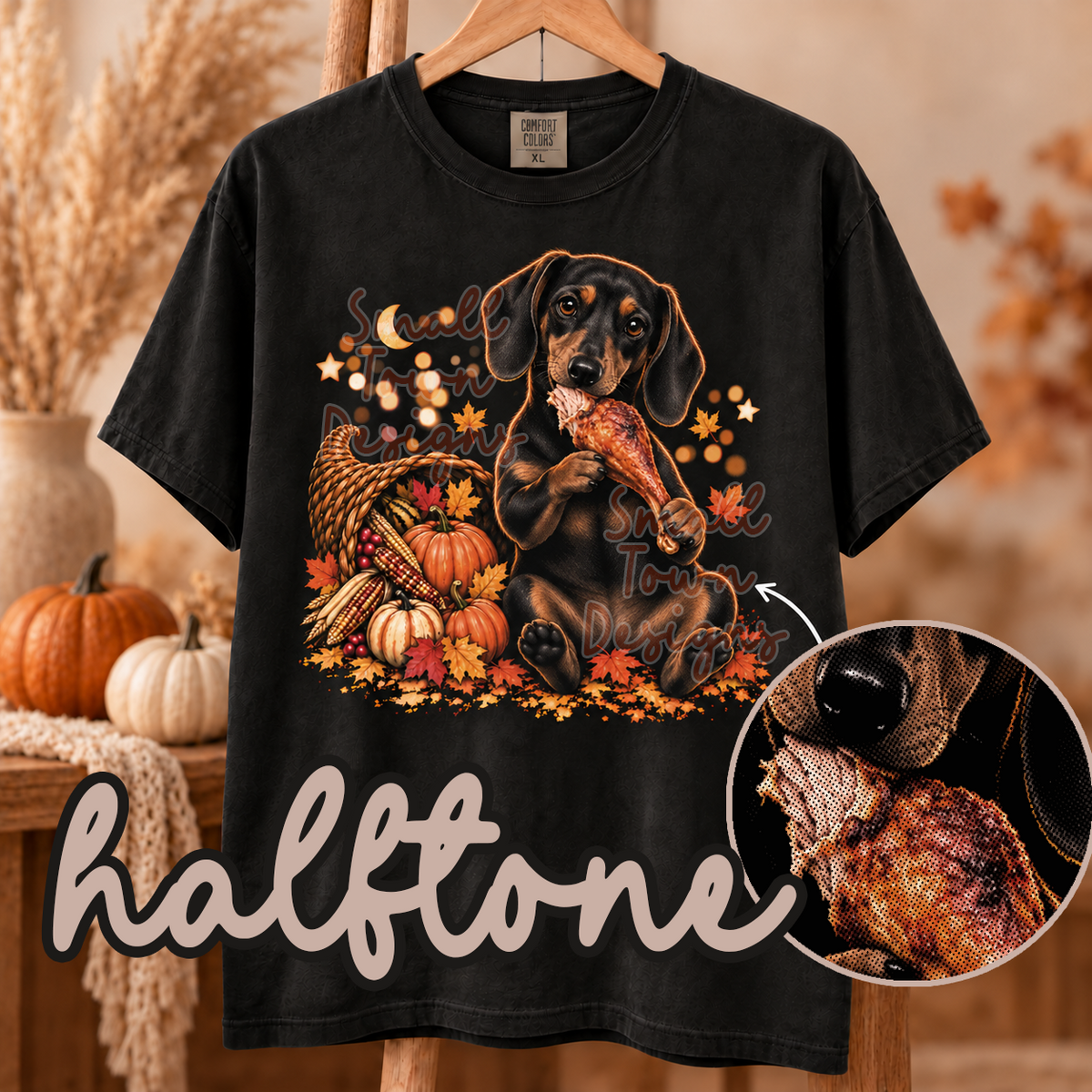 Halftone dachshund eating turkey leg (STD) DTF transfer