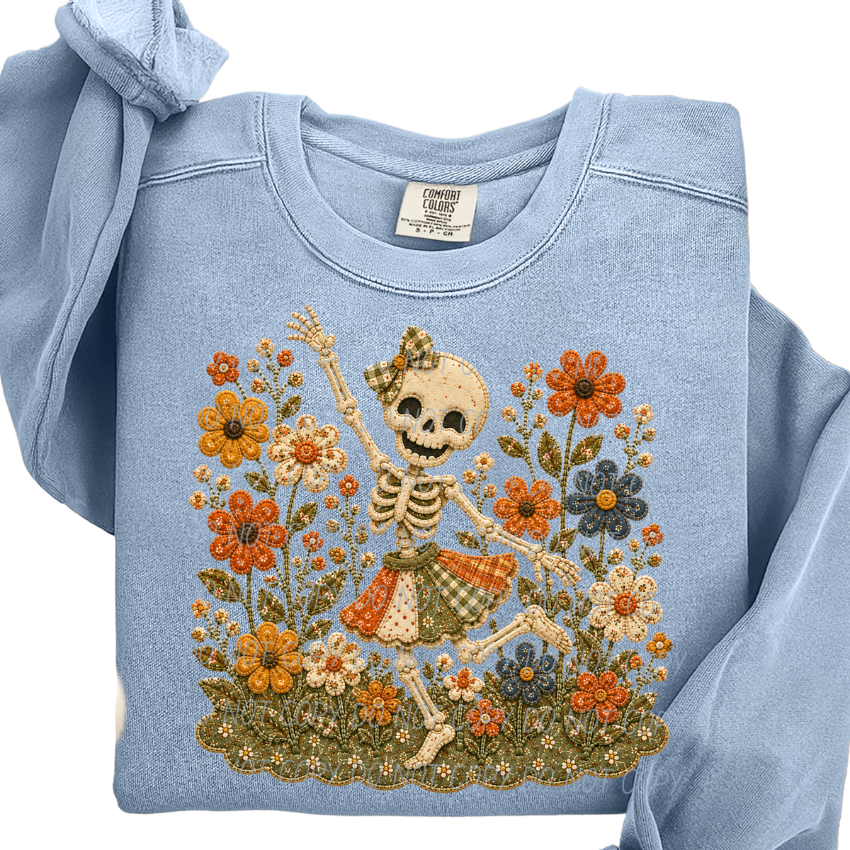 dancing skeleton and flowers faux embroidery (City) DTF Transfer