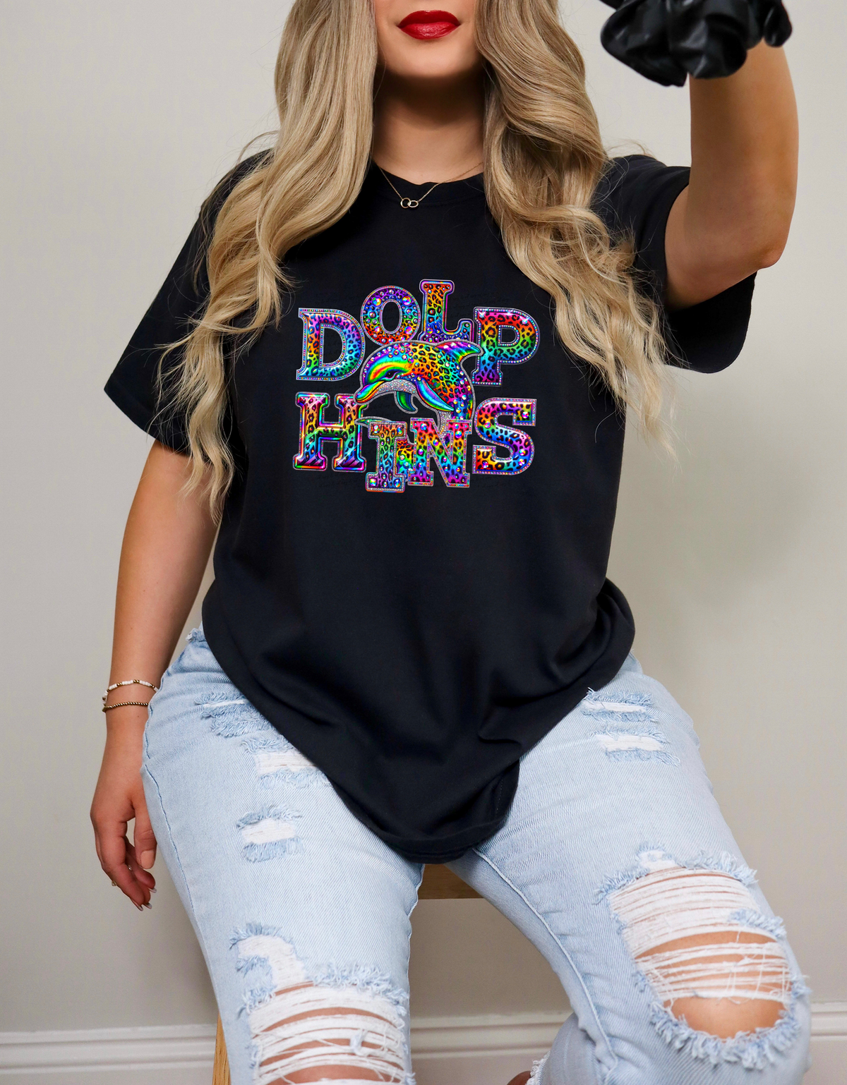 Dolphins Mascot Rhinestone Leopard Rainbow 42920 DTF transfer