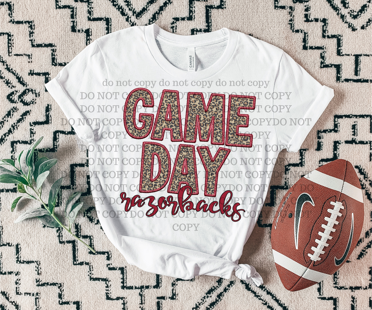Game Day Razorbacks Embroidery Red Leopard 7566 DTF transfer
