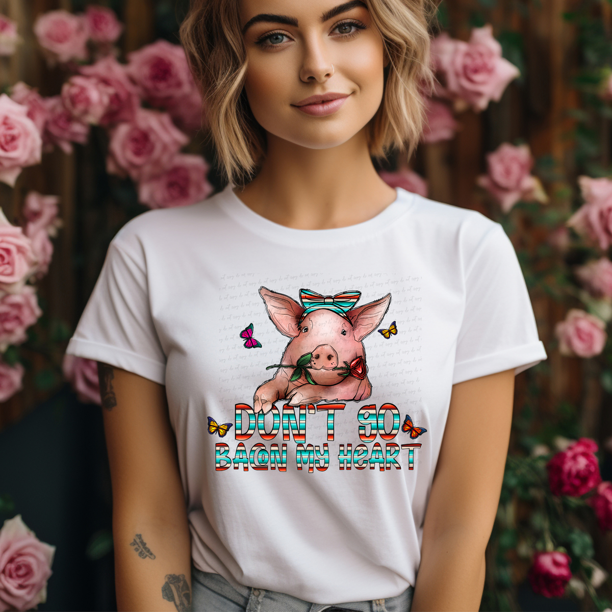 Don't Go Bacon My Heart Pig with Butterflies 116224 DTF Transfer
