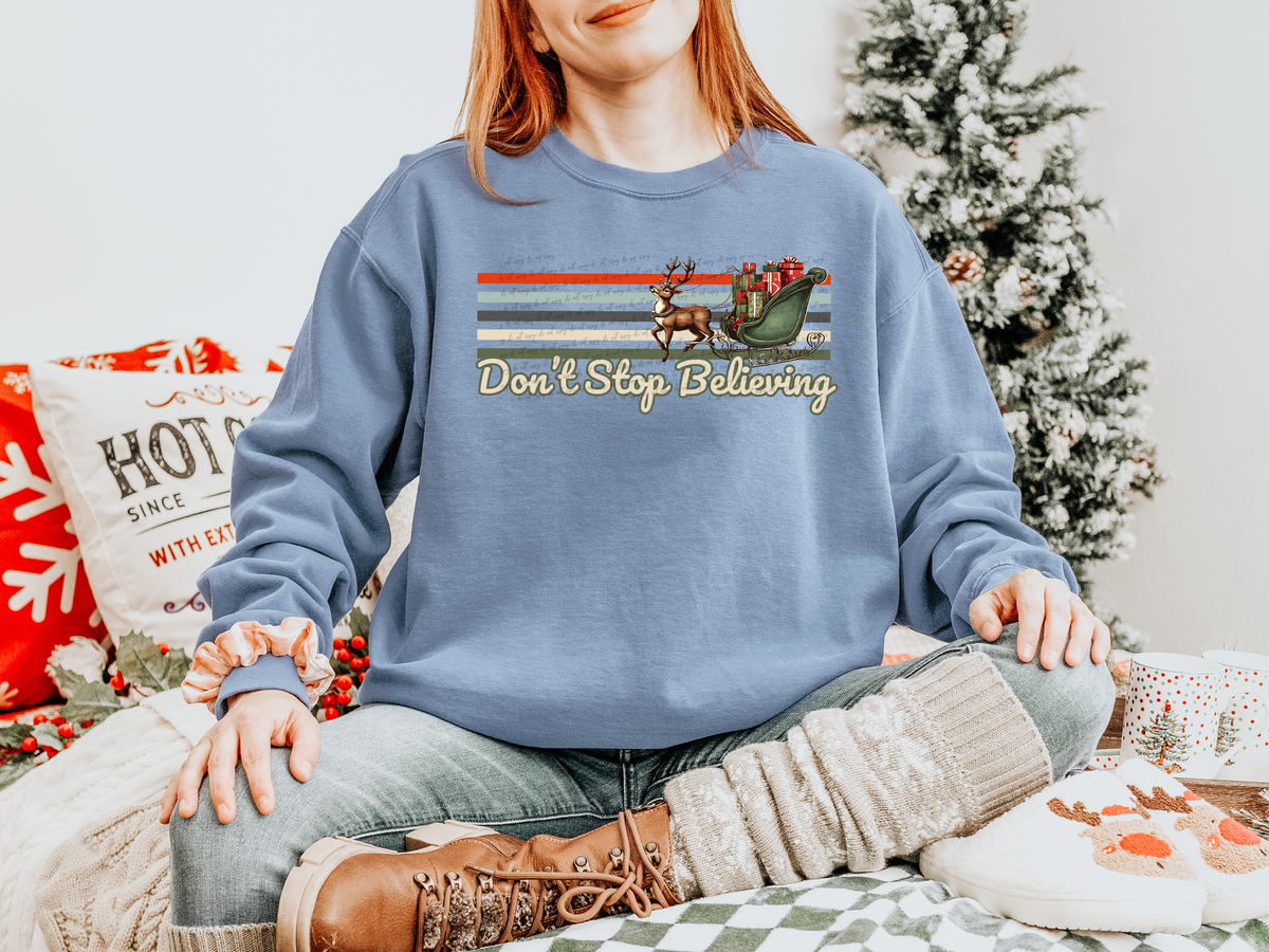Don't Stop Believing Stripes Reindeer Sleigh 54205 DTF transfer