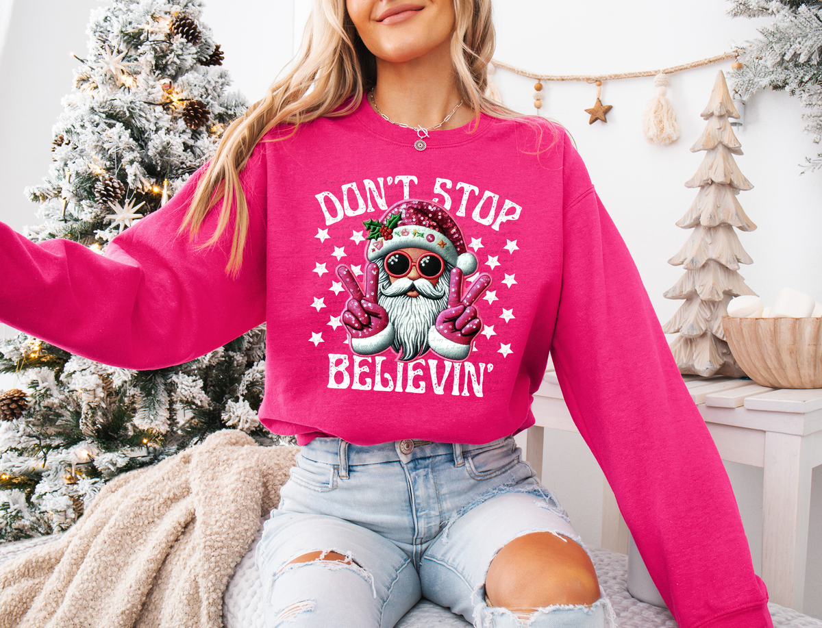 Don't Stop Believin' Stars Santa Head White Font 69483 DTF transfer