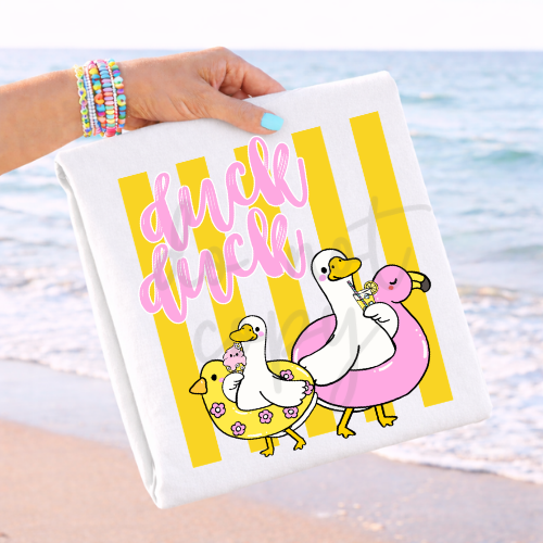 Duck duck goose yellow strips pink words (Parker) DTF Transfer