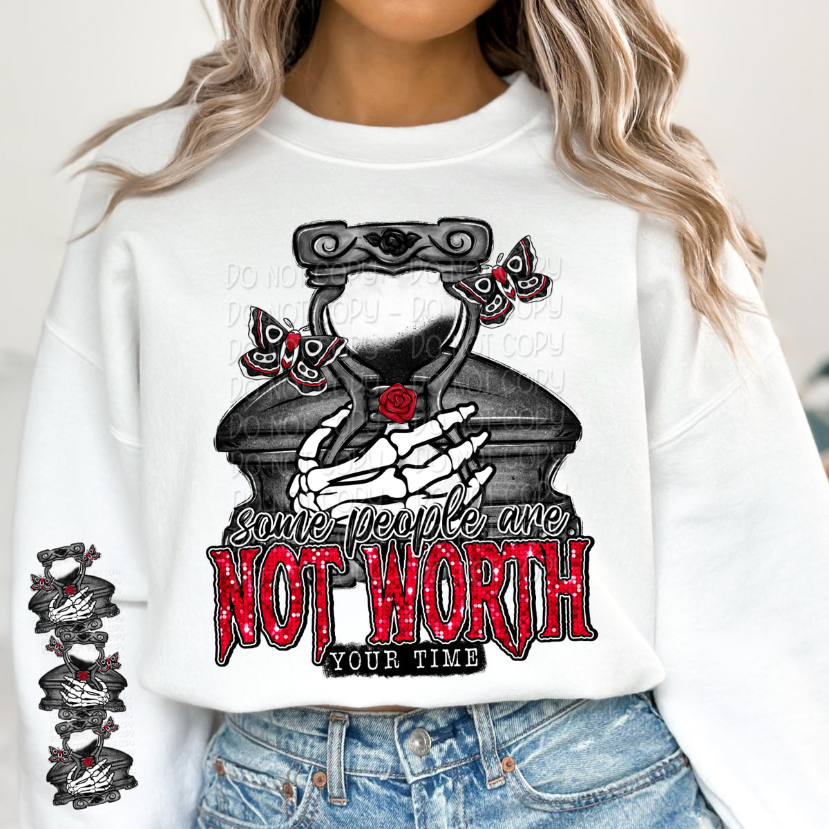 Skellie hand holding hourglass SLEEVE 17730 DTF TRANSFER