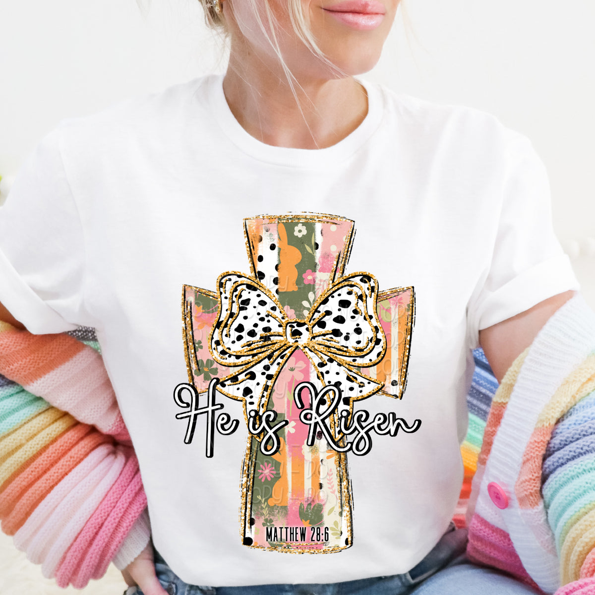 He is Risen cross (Black and white polka dot bow) (DWS) DTF Transfer