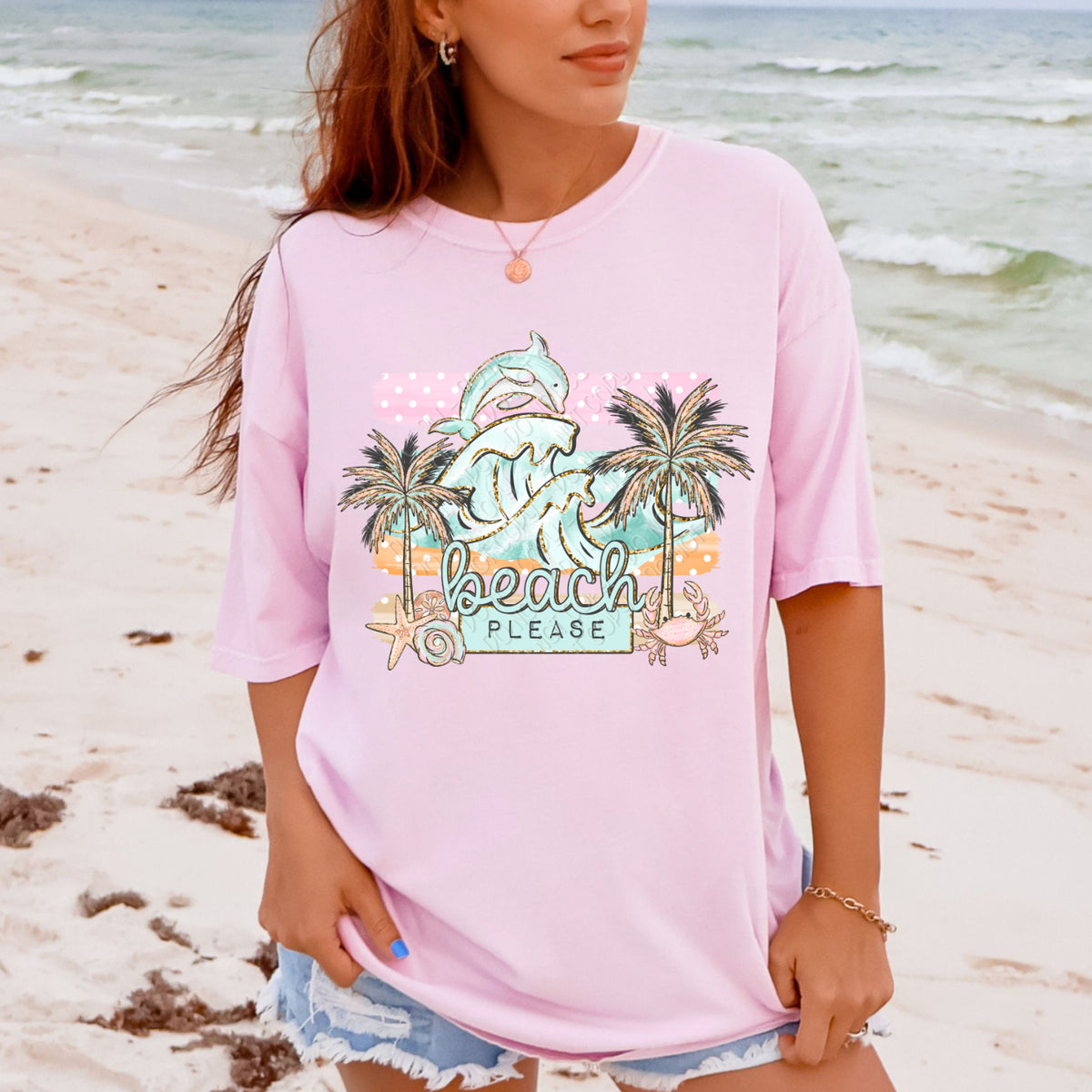 Beach please wave and 2 palm trees (DWS) DTF transfer