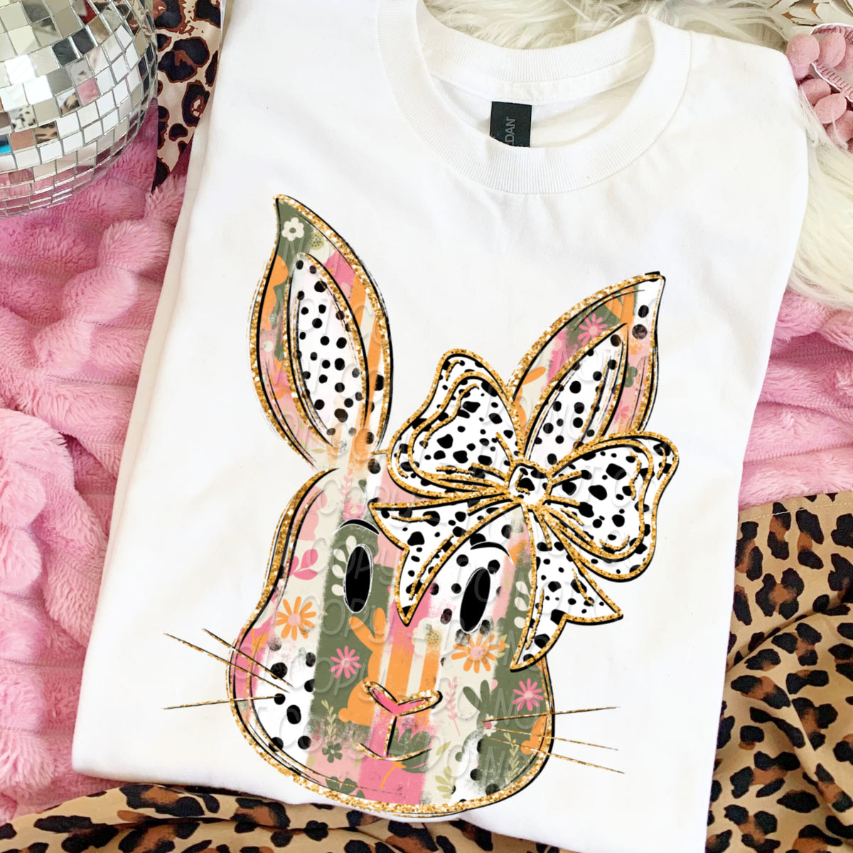 Brushstroke bunny (black and white polka dot ears and bow) (DWS) DTF Transfer