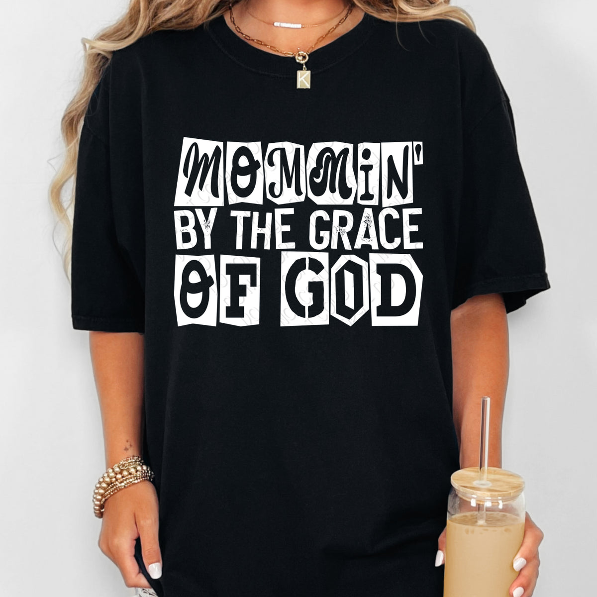 Mommin' by the grace of god blocks WHITE (DWS) DTF Transfer