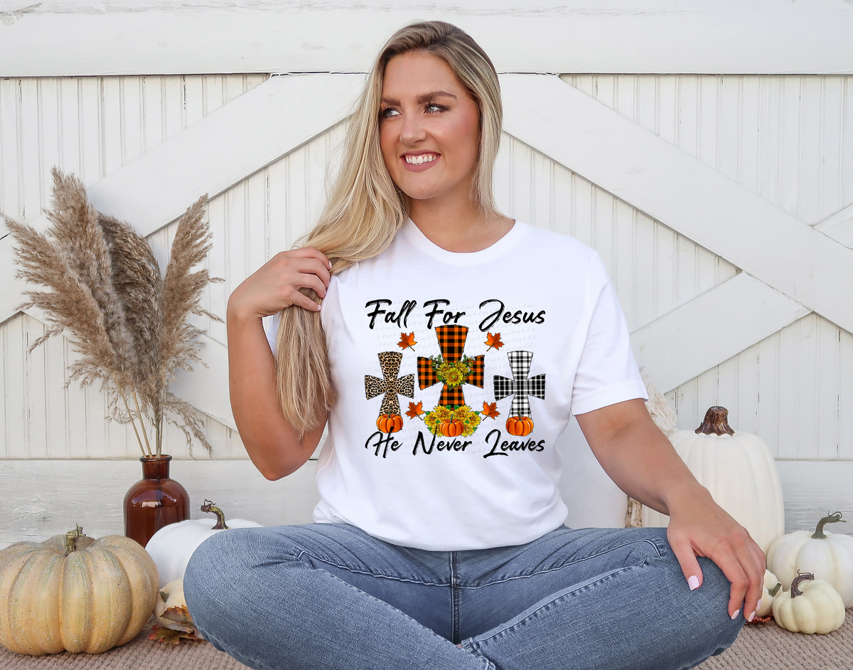 Fall For Jesus He Never Leaves Trio Plaid Cross Pumpkins 116225 DTF Transfer