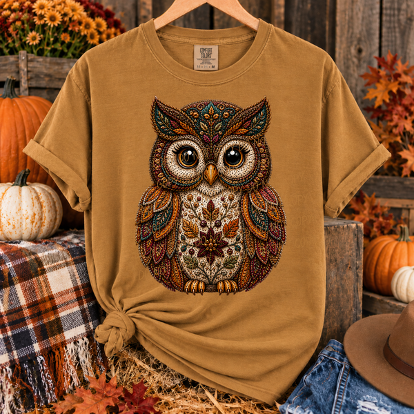 Fall owl faux embroidery (City) DTF Transfer
