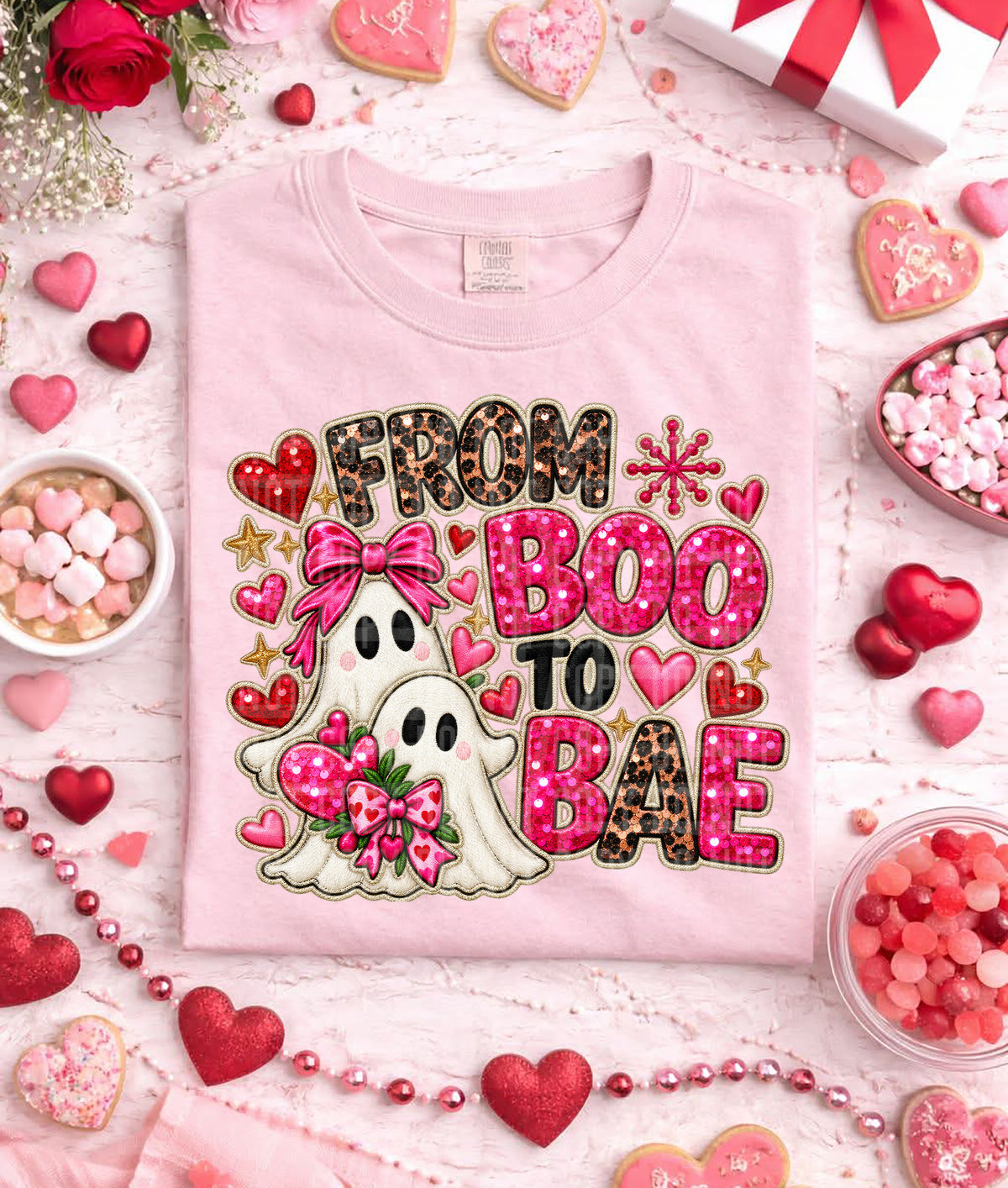 From boo to bae leopard and pink embroidery DTF Transfer