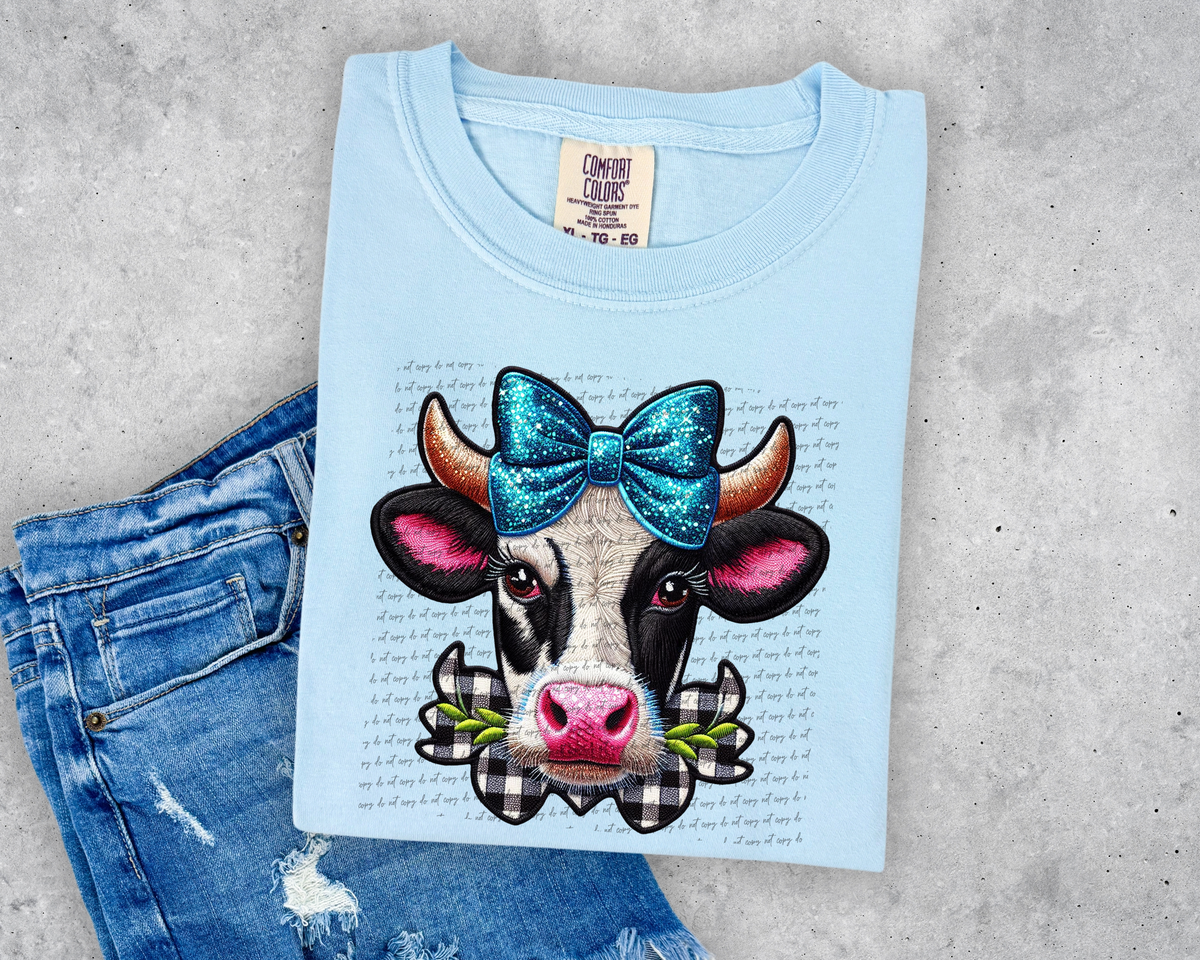 Faux Embroidery Cow Blue Bow 51732 DTF transfer