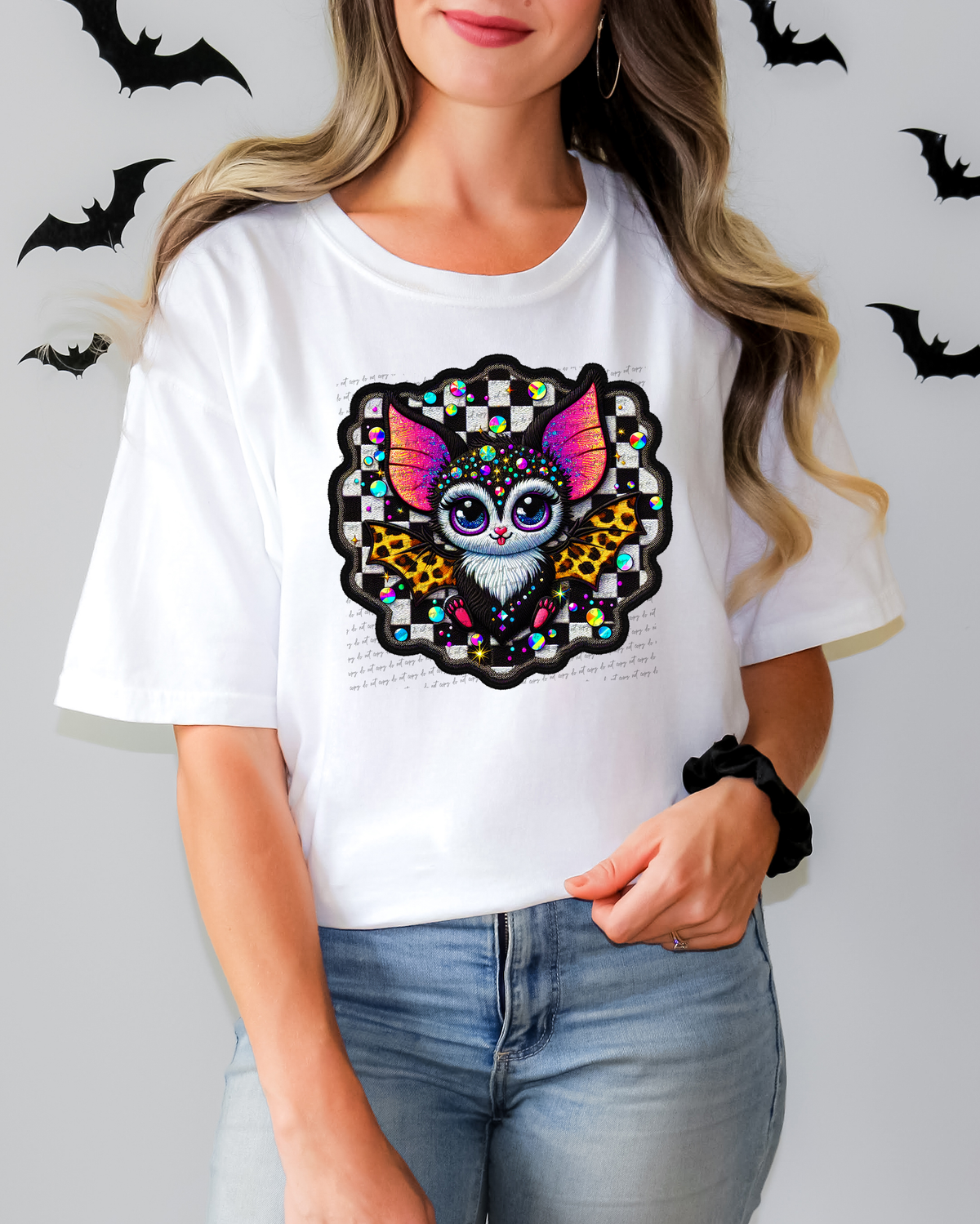 Faux Embroidery Cute Bat With Checkered And Leopard 51737 DTF transfer