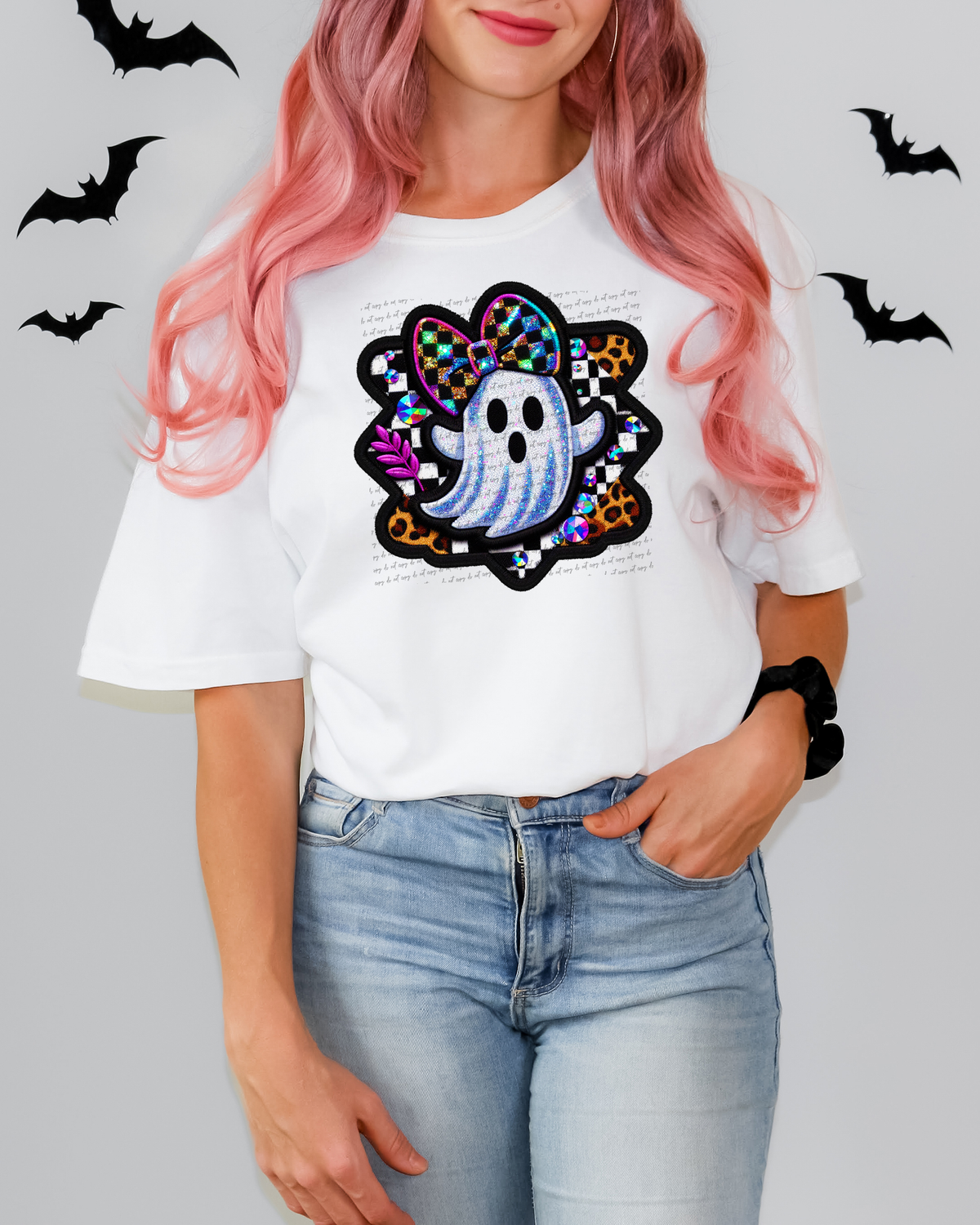 Faux Embroidery Cute Ghost With Bow Checkered And Leopard 51738 DTF transfer