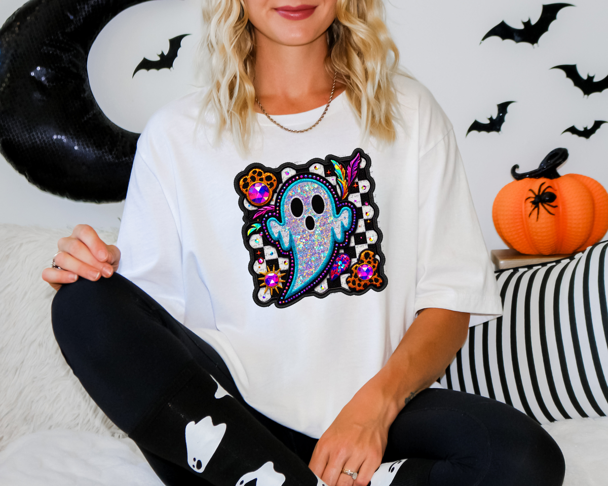 Faux Embroidery Cute Ghost With Checkered And Leopard 51739 DTF transfer