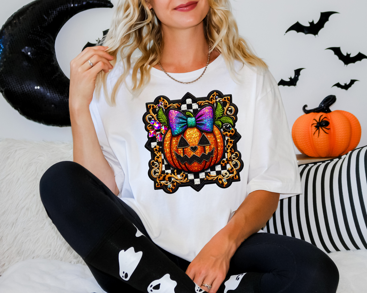 Faux Embroidery Cute Jack O Lantern With Bow Checkered And Leopard 51740 DTF transfer