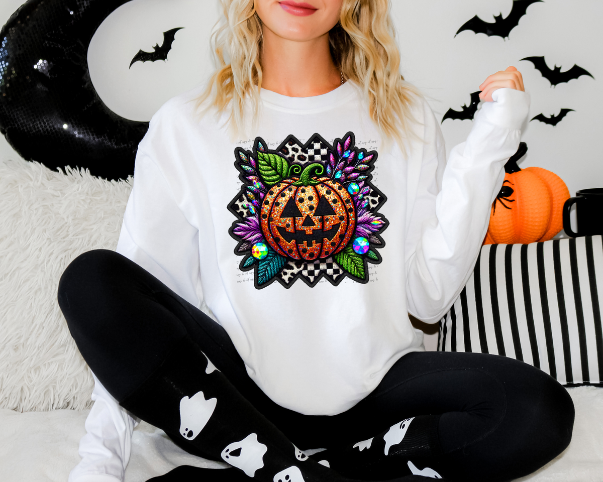 Faux Embroidery Cute Jack O Lantern With Checkered And Leopard 51741 DTF transfer