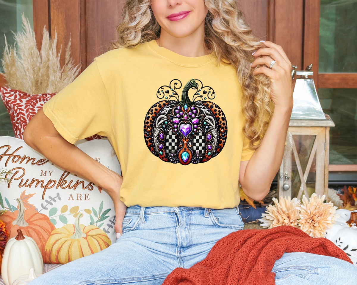 Faux Embroidery Fancy Bling Pumpkin Heart Stone 51742 DTF transfer