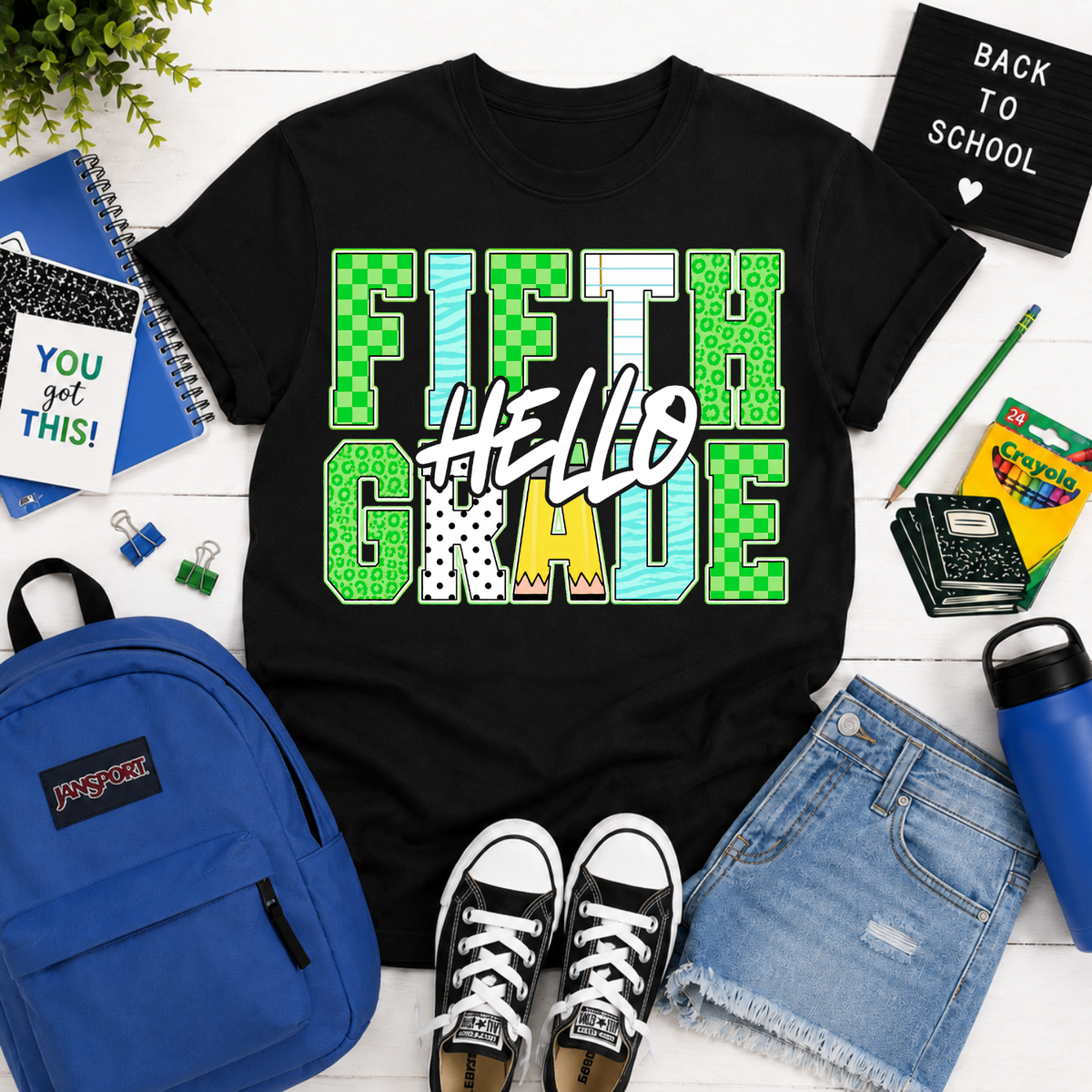 Hello fifth grade blue and green font (Parker) DTF Transfer