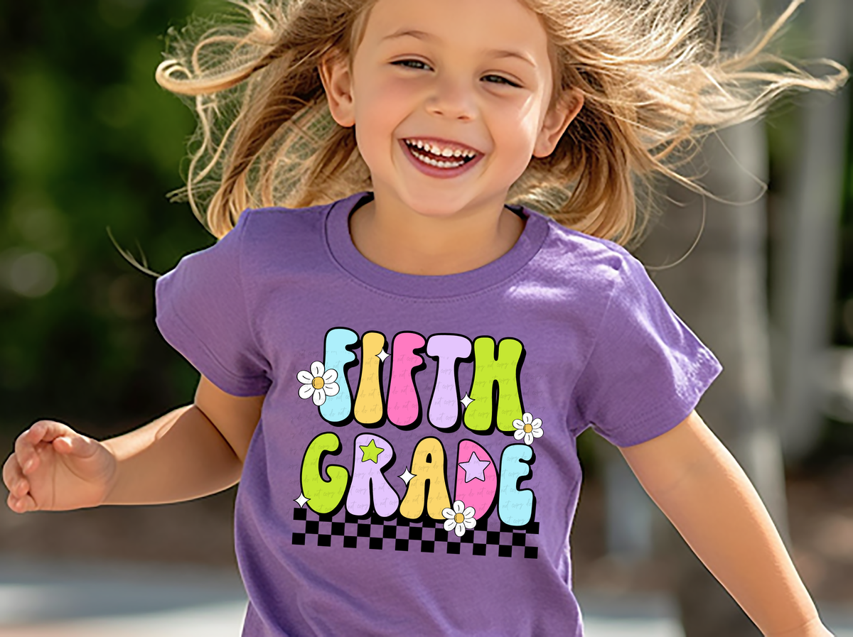 Fifth Grade Groovy Checkered Floral And Stars 108725 DTF transfer