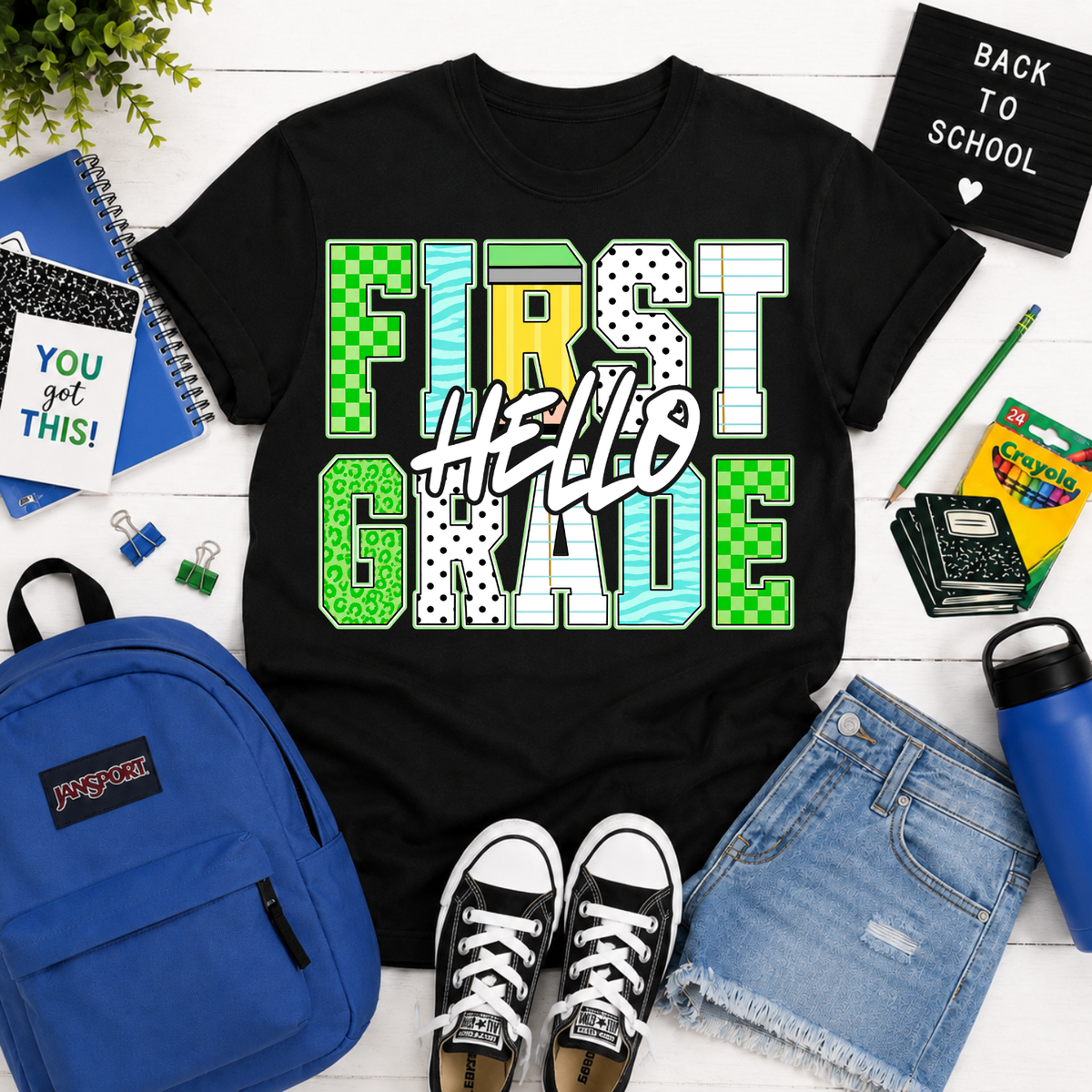 Hello first grade blue and green font (Parker) DTF Transfer