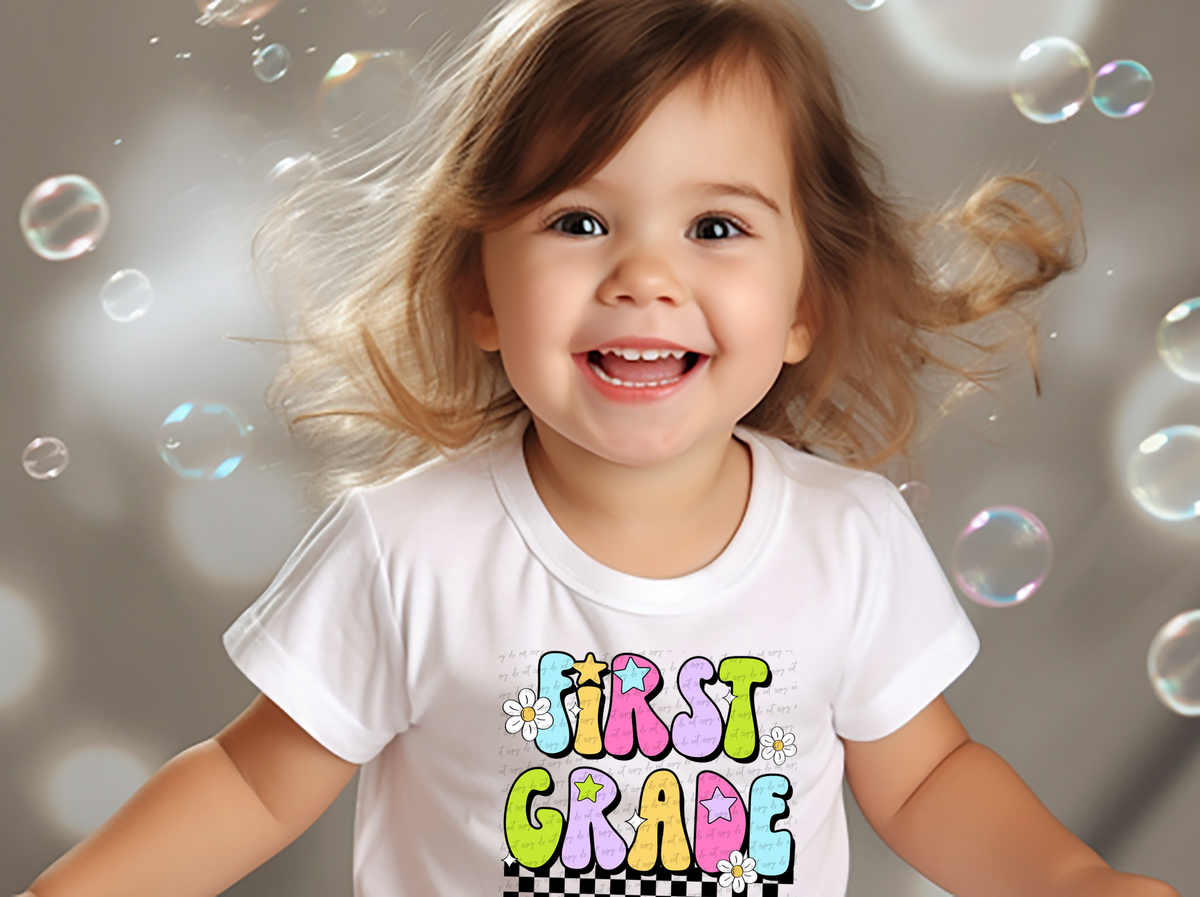 First Grade Groovy Checkered Floral And Stars 108726 DTF transfer