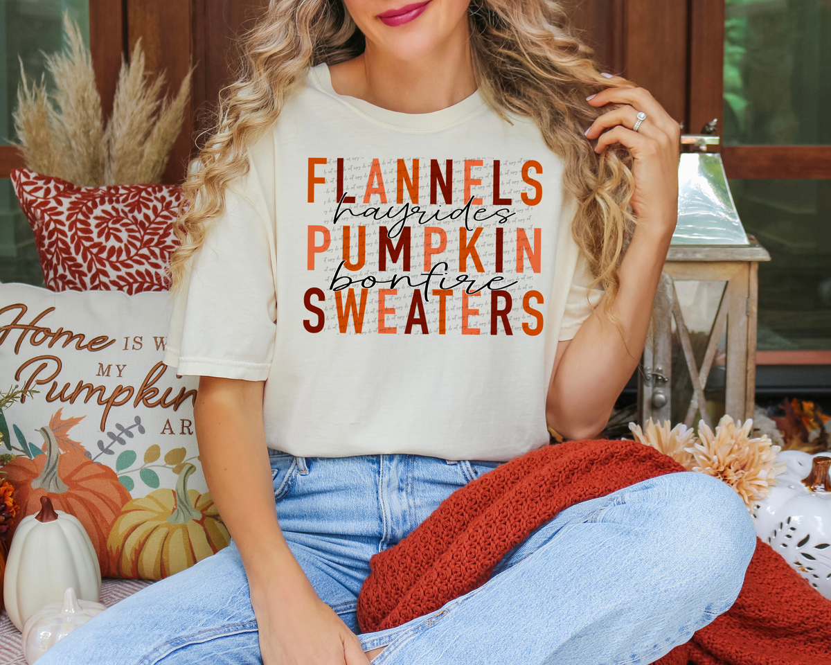 Flannels Hayrides Pumpkin Bonfire Sweaters Typography 59865 DTF Transfer