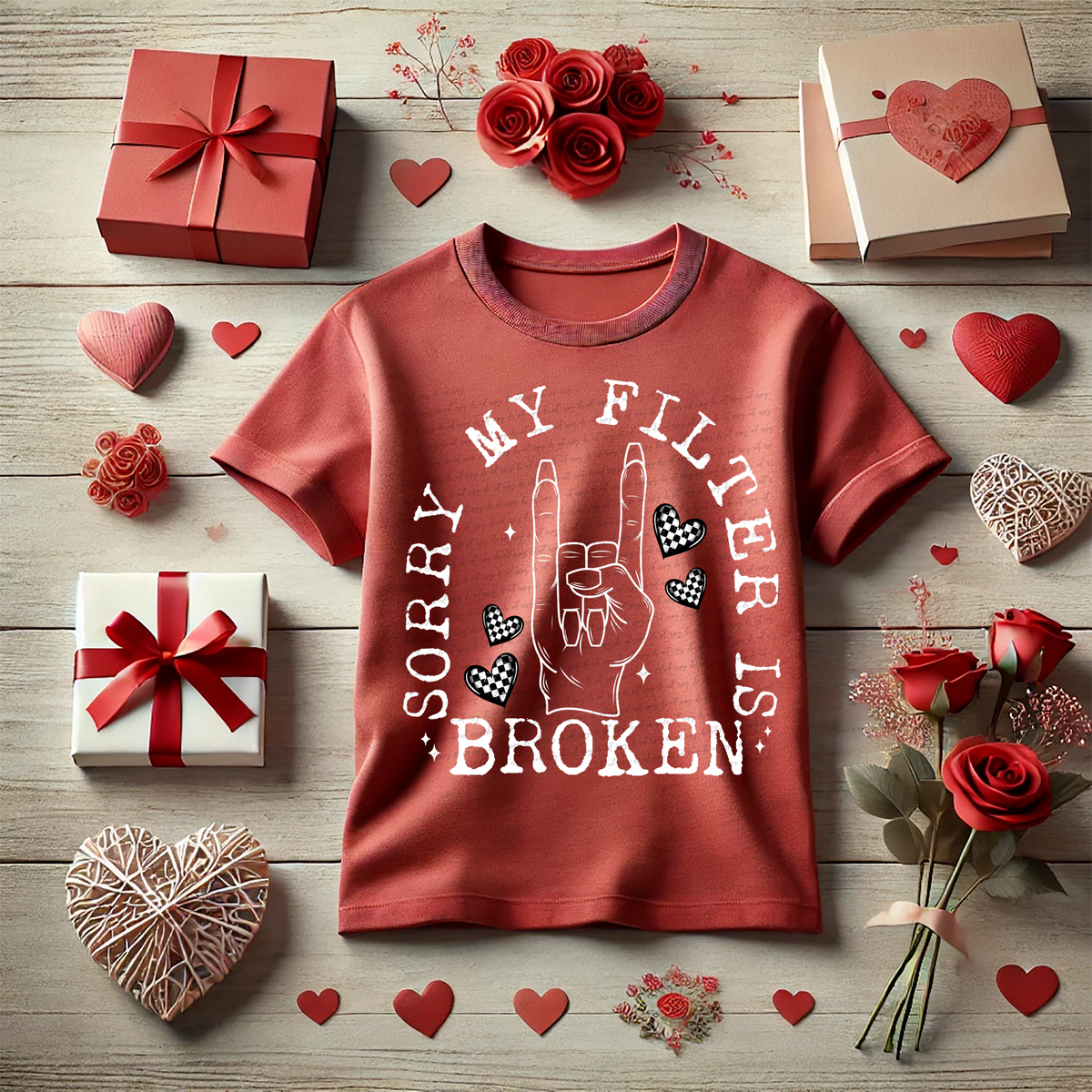 Sorry My Filter Is Broken With Checkered Hearts White Font 86149 DTF Transfer